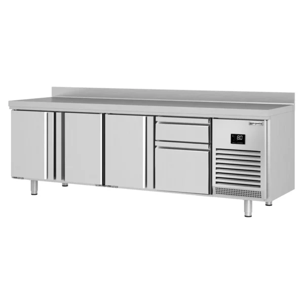 Chladící stůl PREMIUM PLUS - 2452 x 700 mm - se 3 dveřmi a 2 zásuvkami a se zadní stěnou - Image 9