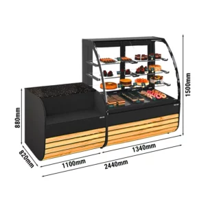 Dortová vitrína - 1380 mm - s LED osvětlením a 3 policemi - včetně pokladního stolu 1100 mm