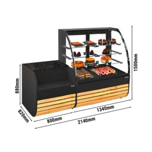 Vitrína na dort - 1380 mm - s LED osvětlením a 3 policemi - včetně pokladního stolku 800 mm