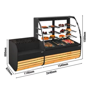 Dortová vitrína - 1540 mm - s LED osvětlením a 3 policemi - včetně pokladního stolu 1100 mm