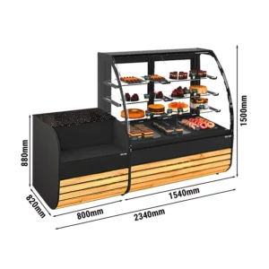Dortová vitrína - 1580 mm - s LED osvětlením a 3 policemi - včetně pokladního stolu 800 mm