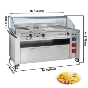 Mobilní varná stanice - 1600 x 850 mm - výška: 1170 mm - včetně fritézy, desky na smažení, vany a neutrálního prvku