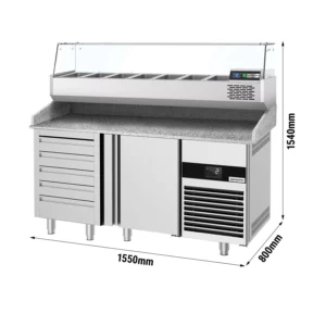 Chladící stůl na pizzu PREMIUM - 1550x800mm - s 1 dvířky a 7 zásuvkami - včetně chladící vitríny - 6x GN 1/3