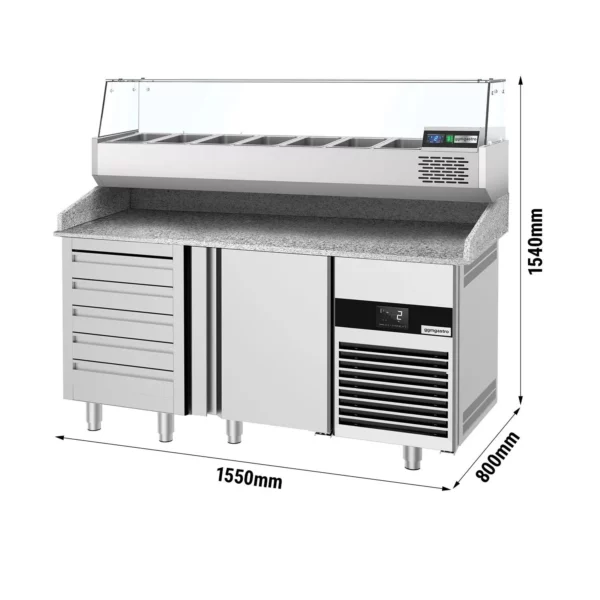 Chladící stůl na pizzu PREMIUM - 1550x800mm - s 1 dvířky a 7 zásuvkami - včetně chladící vitríny - 6x GN 1/3