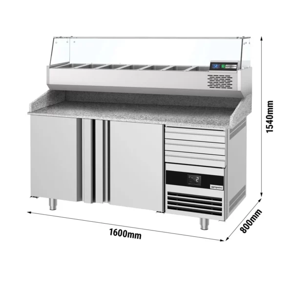 Chladící stůl na pizzu 1600x800mm - se 2 dvířky a 3 zásuvkami - včetně chladící vitríny - 6x GN 1/3