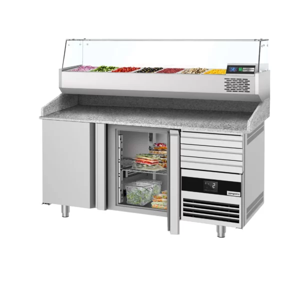 Chladící stůl na pizzu PREMIUM - 1600x800mm - se 2 dvířky a 3 zásuvkami - včetně chladící vitríny - 6x GN 1/3 - Image 8