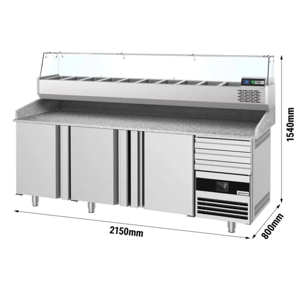 Chladící stůl na pizzu PREMIUM - 2150x800mm - se 3 dvířky a 3 zásuvkami - včetně chladící vitríny - 10x GN 1/3