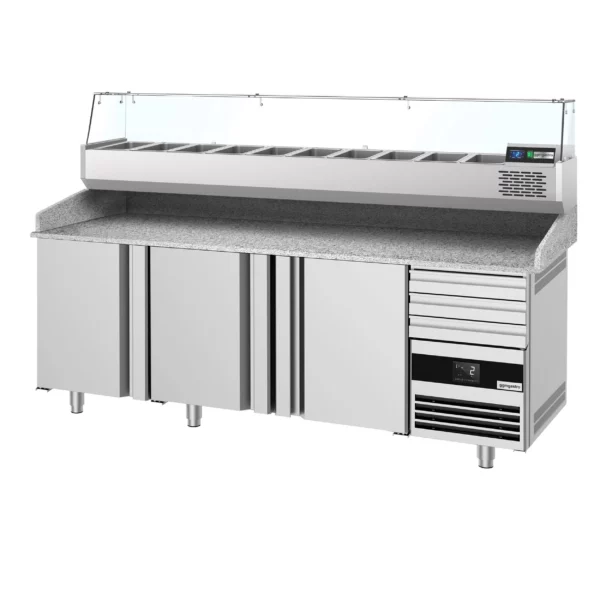 Chladící stůl na pizzu PREMIUM - 2150x800mm - se 3 dvířky a 3 zásuvkami - včetně chladící vitríny - 10x GN 1/3 - Image 6