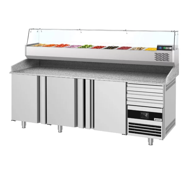 Chladící stůl na pizzu PREMIUM - 2150x800mm - se 3 dvířky a 3 zásuvkami - včetně chladící vitríny - 10x GN 1/3 - Image 7