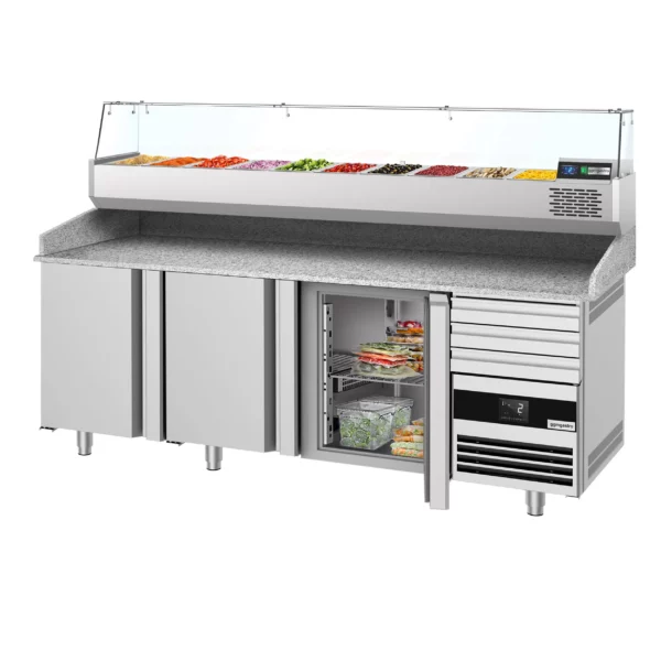 Chladící stůl na pizzu PREMIUM - 2150x800mm - se 3 dvířky a 3 zásuvkami - včetně chladící vitríny - 10x GN 1/3 - Image 8