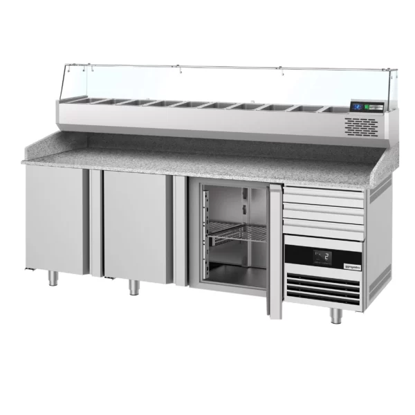 Chladící stůl na pizzu PREMIUM - 2150x800mm - se 3 dvířky a 3 zásuvkami - včetně chladící vitríny - 10x GN 1/3 - Image 9