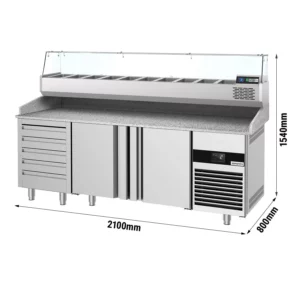 Chladící stůl na pizzu PREMIUM - 2100x800mm - se 3 dvířky a 7 zásuvkami - včetně chladící vitríny - 10x GN 1/3