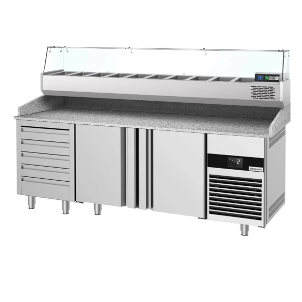 Chladící stůl na pizzu - 2100x800mm - se 3 dvířky a 7 zásuvkami - včetně chladící vitríny - 10x GN 1/3 - Image 6