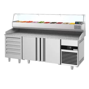 Chladící stůl na pizzu - 2100x800mm - se 3 dvířky a 7 zásuvkami - včetně chladící vitríny - 10x GN 1/3