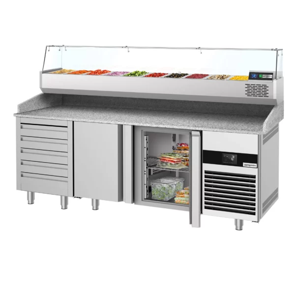 Chladící stůl na pizzu - 2100x800mm - se 3 dvířky a 7 zásuvkami - včetně chladící vitríny - 10x GN 1/3 - Image 3
