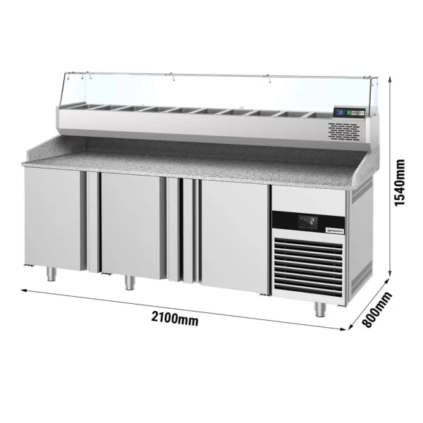 Chladící stůl na pizzu PREMIUM - 2100x800mm - se 3 dvířky - včetně chladící vitríny - 10x GN 1/3