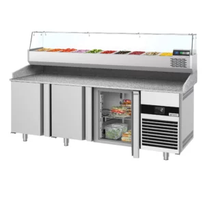 Chladící stůl na pizzu PREMIUM - 2100x800mm - se 3 dvířky - včetně chladící vitríny - 10x GN 1/3