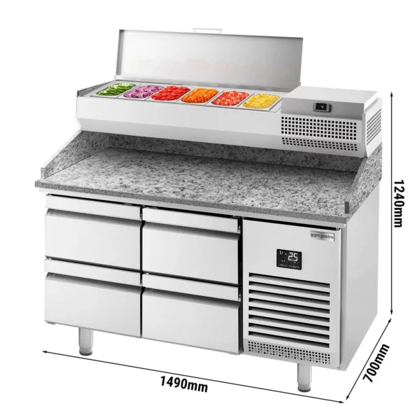 Chladící stůl na pizzu PREMIUM PLUS - 1490x700mm - se 4 zásuvkami - včetně chladící vitríny - 6x GN 1/4