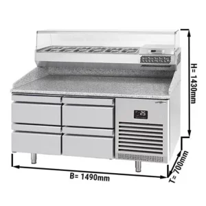 Chladící stůl na pizzu PREMIUM PLUS - 1490x700mm - se 4 zásuvkami - včetně chladící vitríny - 6x GN 1/4