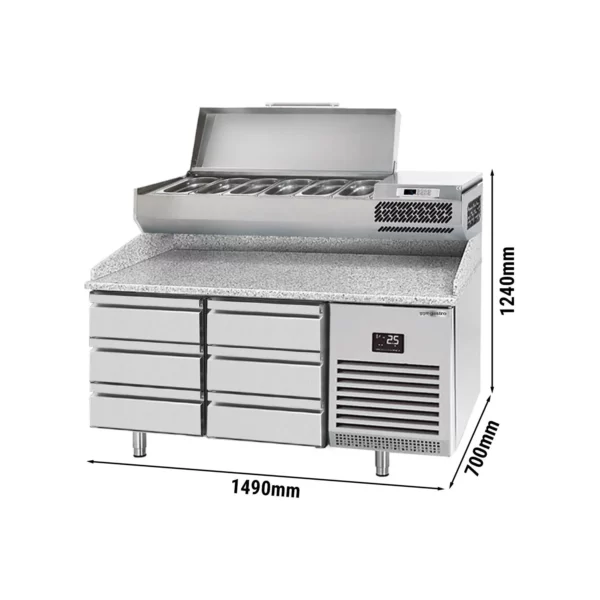 Chladící stůl na pizzu PREMIUM PLUS - 1490x700mm - se 6 zásuvkami - včetně chladící vitríny - 6x GN 1/4