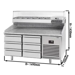 Chladící stůl na pizzu PREMIUM PLUS - 1490x700mm - se 6 zásuvkami - včetně chladící vitríny - 6x GN 1/4