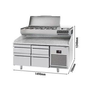 Chladící stůl na pizzu PREMIUM PLUS - 1490x700mm - se 4 zásuvkami - včetně chladící vitríny - 6x GN 1/4