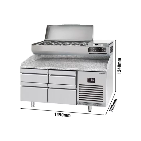 Chladící stůl na pizzu PREMIUM PLUS - 1490x700mm - se 4 zásuvkami - včetně chladící vitríny - 6x GN 1/4