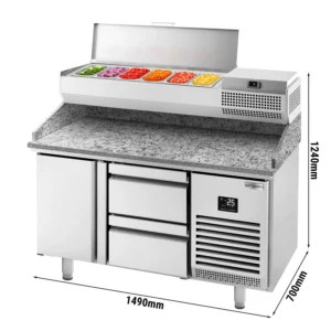 Chladící stůl na pizzu PREMIUM PLUS - 1490x700mm - s 1 dvířky a 2 zásuvkami - včetně chladící vitríny - 6x GN 1/4