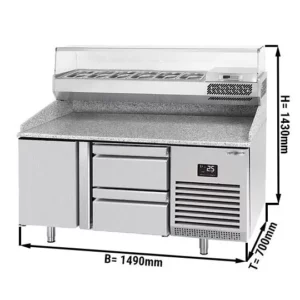 Chladící stůl na pizzu PREMIUM PLUS - 1490x700mm - s 1 dvířky a 2 zásuvkami - včetně chladící vitríny - 6x GN 1/4