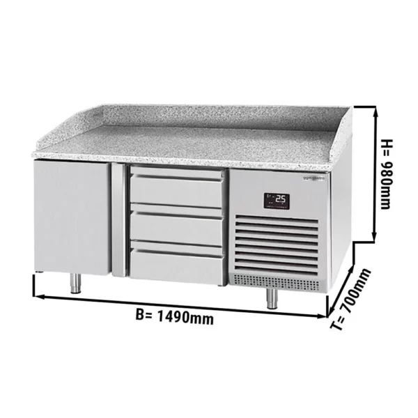 Chladící stůl na pizzu PREMIUM PLUS - 1490 x 700 mm - s 1 dvířky a 3 zásuvkami