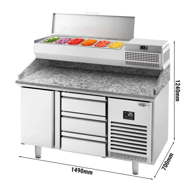 Chladící stůl na pizzu PREMIUM PLUS - 1490x700mm - s 1 dvířky a 3 zásuvkami - včetně chladící vitríny - 6x GN 1/4