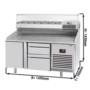 Chladící stůl na pizzu PREMIUM PLUS - 1490x700mm - s 1 dvířky a 2 zásuvkami - včetně chladící vitríny - 6x GN 1/4