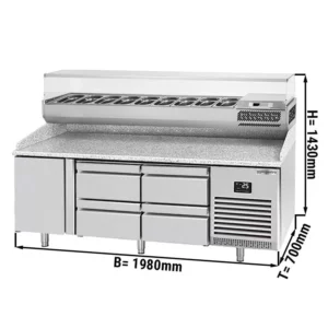 Chladící stůl na pizzu PREMIUM PLUS - 1980x700mm - s 1 dvířky a 4 zásuvkami - včetně chladící vitríny - 9x GN 1/4