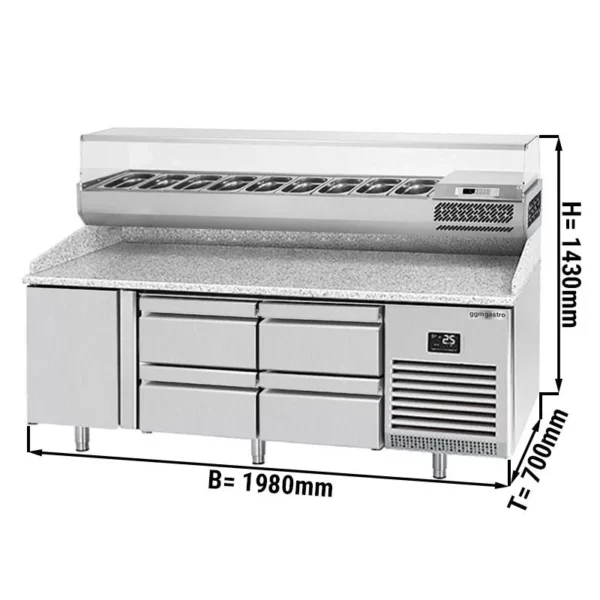 Chladící stůl na pizzu PREMIUM PLUS - 1980x700mm - s 1 dvířky a 4 zásuvkami - včetně chladící vitríny - 9x GN 1/4