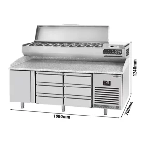 Chladící stůl na pizzu PREMIUM PLUS - 1980x700mm - s 1 dvířky a 6 zásuvkami - včetně chladící vitríny - 9x GN 1/4