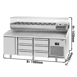 Chladící stůl na pizzu PREMIUM PLUS - 1980x700mm - s 1 dvířky a 6 zásuvkami - včetně chladící vitríny - 9x GN 1/4