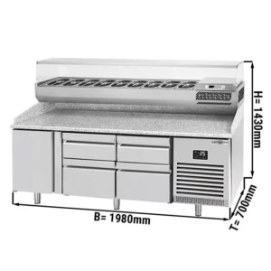 Chladící stůl na pizzu PREMIUM PLUS - 1980x700mm - s 1 dvířky a 4 zásuvkami - včetně chladící vitríny - 9x GN 1/4