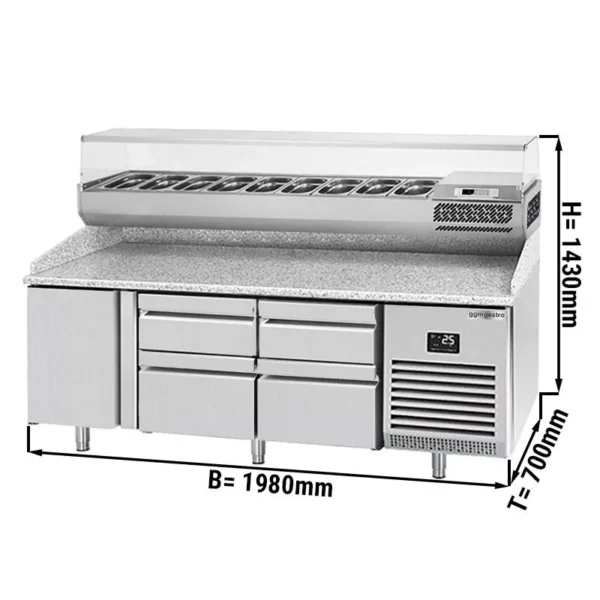 Chladící stůl na pizzu PREMIUM PLUS - 1980x700mm - s 1 dvířky a 4 zásuvkami - včetně chladící vitríny - 9x GN 1/4