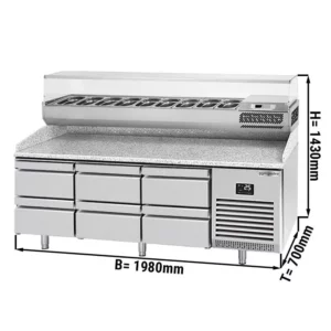 Chladící stůl na pizzu PREMIUM PLUS - 1980x700mm - se 6 zásuvkami - včetně chladící vitríny - 9x GN 1/4