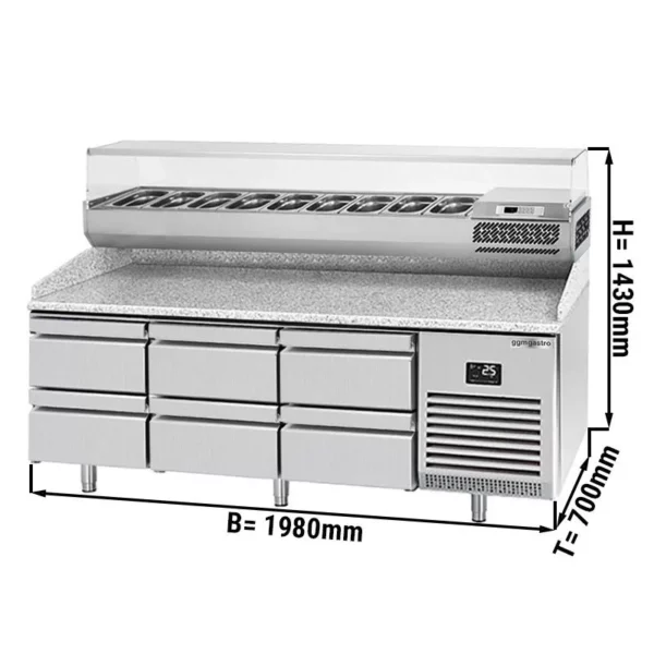 Chladící stůl na pizzu PREMIUM PLUS - 1980x700mm - se 6 zásuvkami - včetně chladící vitríny - 9x GN 1/4
