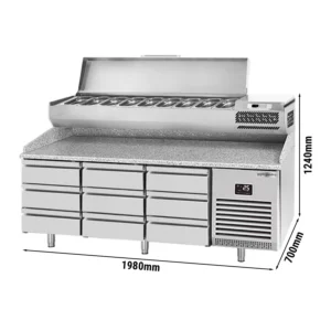 Chladící stůl na pizzu PREMIUM PLUS - 1980x700mm - s 9 zásuvkami - včetně chladící vitríny - 9x GN 1/4