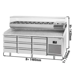 Chladící stůl na pizzu PREMIUM PLUS - 1980x700mm - s 9 zásuvkami - včetně chladící vitríny - 9x GN 1/4