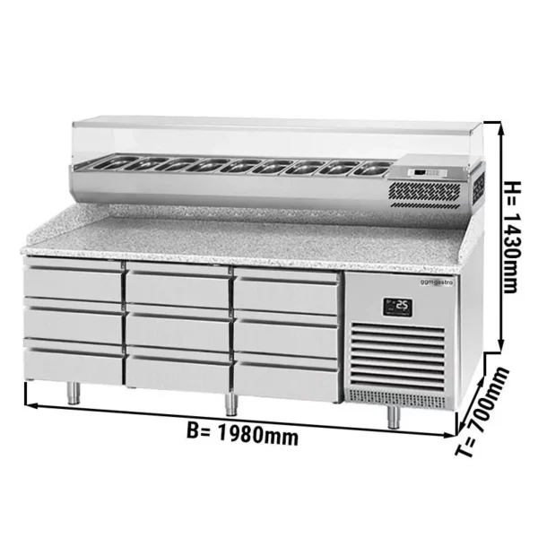 Chladící stůl na pizzu PREMIUM PLUS - 1980x700mm - s 9 zásuvkami - včetně chladící vitríny - 9x GN 1/4