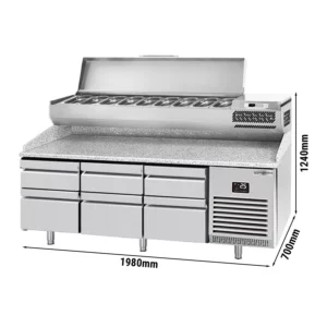 Chladící stůl na pizzu PREMIUM PLUS - 1980x700mm - se 6 zásuvkami - včetně chladící vitríny - 9x GN 1/4