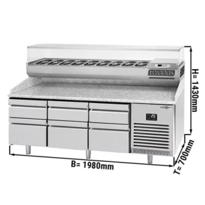 Chladící stůl na pizzu PREMIUM PLUS - 1980x700mm - se 6 zásuvkami - včetně chladící vitríny - 9x GN 1/4