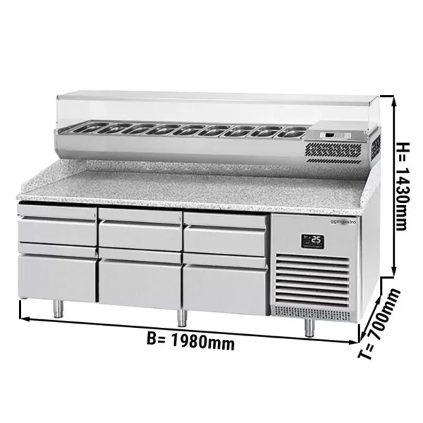 Chladící stůl na pizzu PREMIUM PLUS - 1980x700mm - se 6 zásuvkami - včetně chladící vitríny - 9x GN 1/4