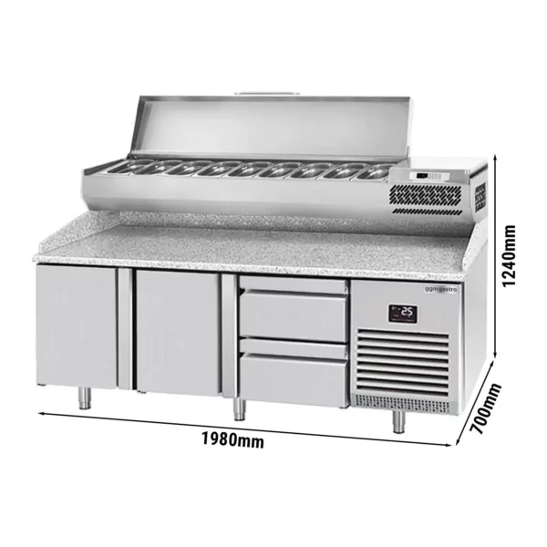 Chladící stůl na pizzu PREMIUM PLUS - 1980x700mm - se 2 dvířky a 2 zásuvkami - včetně chladící vitríny - 9x GN 1/4