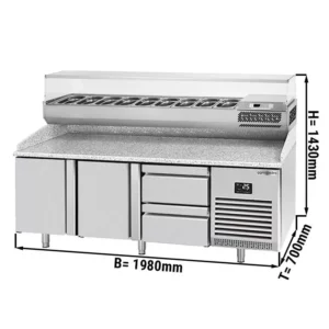 Chladící stůl na pizzu PREMIUM PLUS - 1980x700mm - se 2 dvířky a 2 zásuvkami - včetně chladící vitríny - 9x GN 1/4