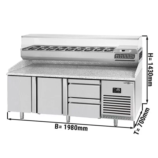 Chladící stůl na pizzu PREMIUM PLUS - 1980x700mm - se 2 dvířky a 2 zásuvkami - včetně chladící vitríny - 9x GN 1/4