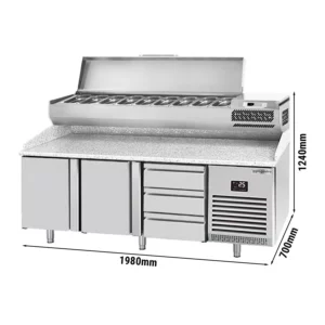 Chladící stůl na pizzu PREMIUM PLUS - 1980x700mm - se 2 dvířky a 3 zásuvkami - včetně chladící vitríny - 9x GN 1/4